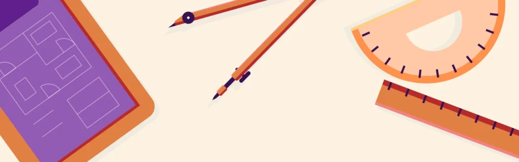 Illustration d'un bloc note, d'un compas, un raporteur et une règle