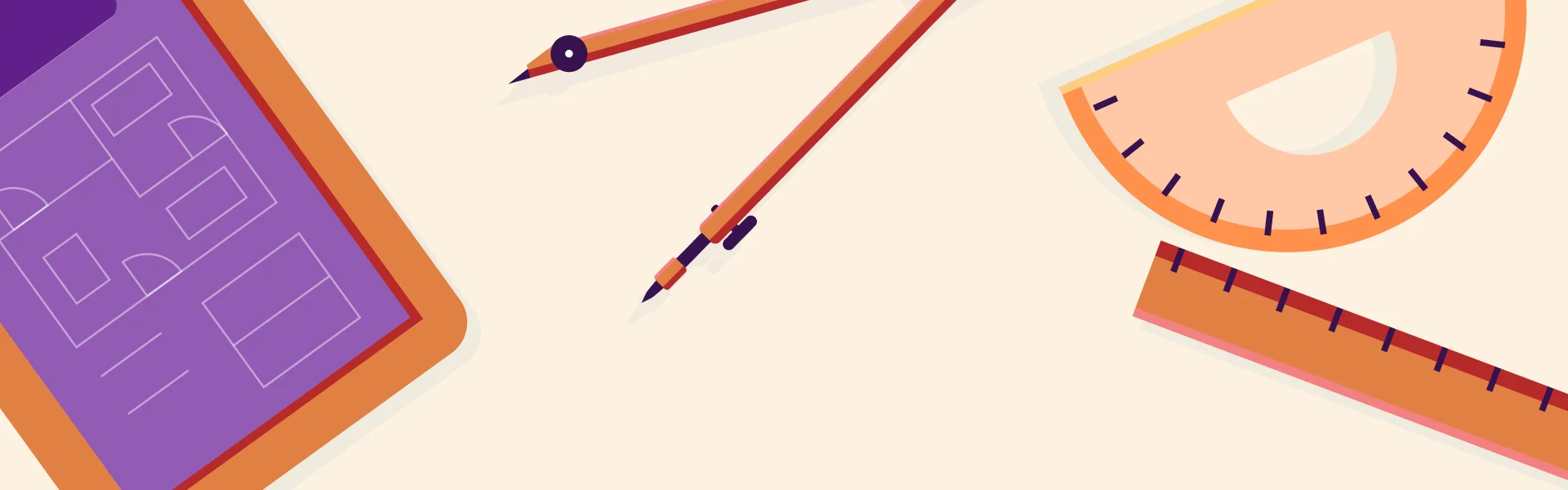 Illustration d'un bloc note, d'un compas, un raporteur et une règle