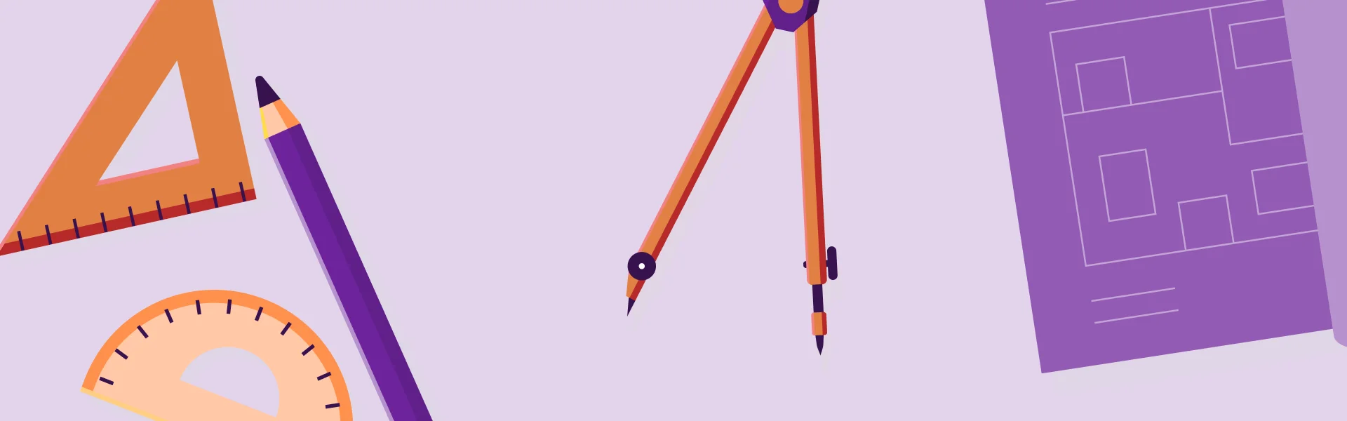 Illustration d'une feuille, d'un compas, un raporteur et d'un crayon