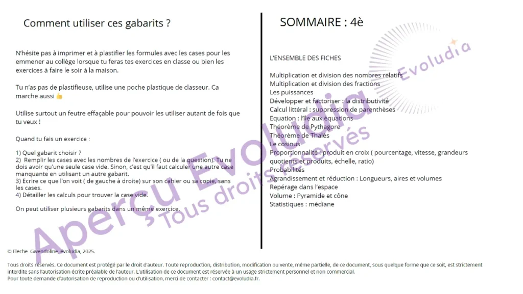 Gabarits 4e, aperçu de la page sommaire
