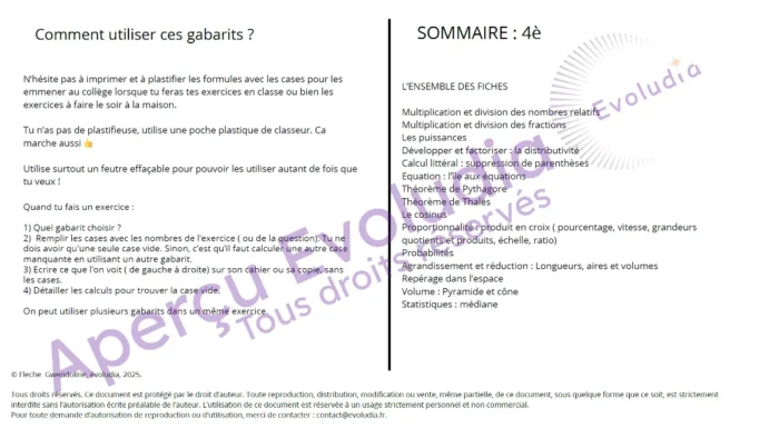 Gabarits 4e, aperçu de la page sommaire