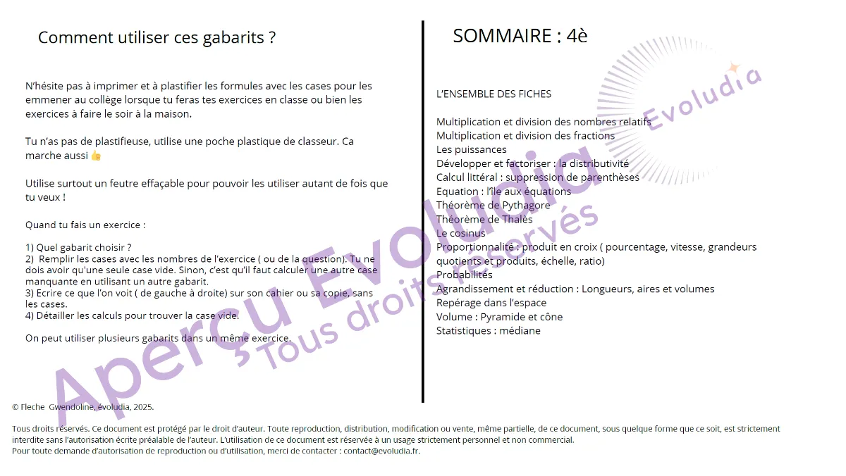 Gabarits 4e, aperçu de la page sommaire
