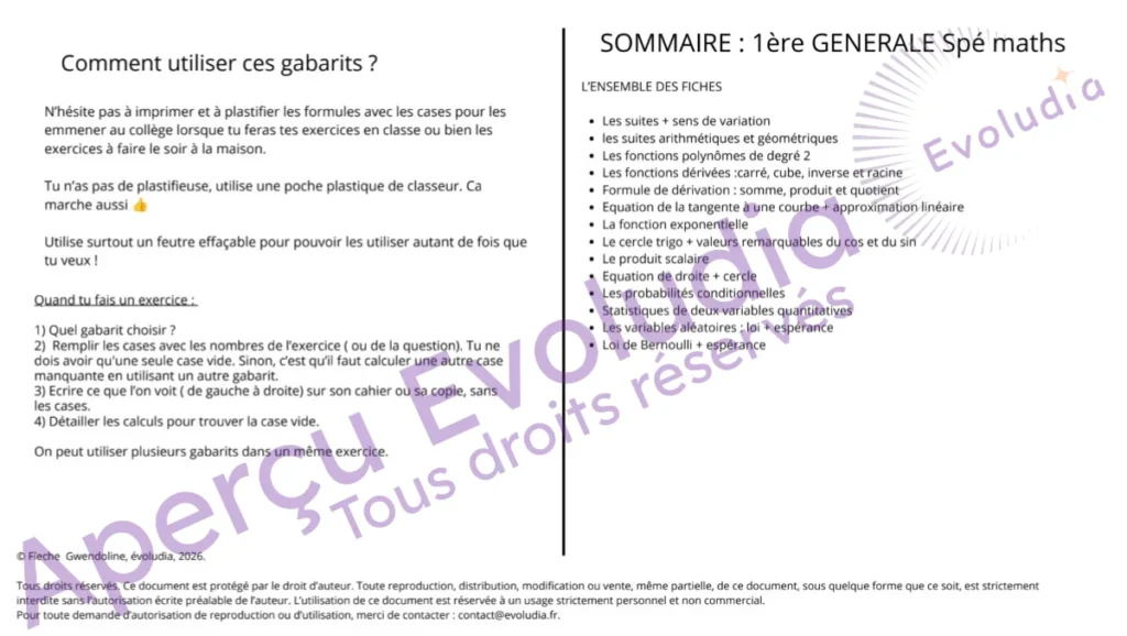 Sommaire des gabarits de première générale spé maths