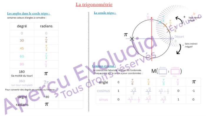 Aperçu de la fiche trigonométrie des gabarits de première générale spé maths