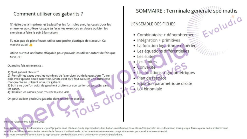 Aperçu du sommaire des gabarits de terminale générale spé maths
